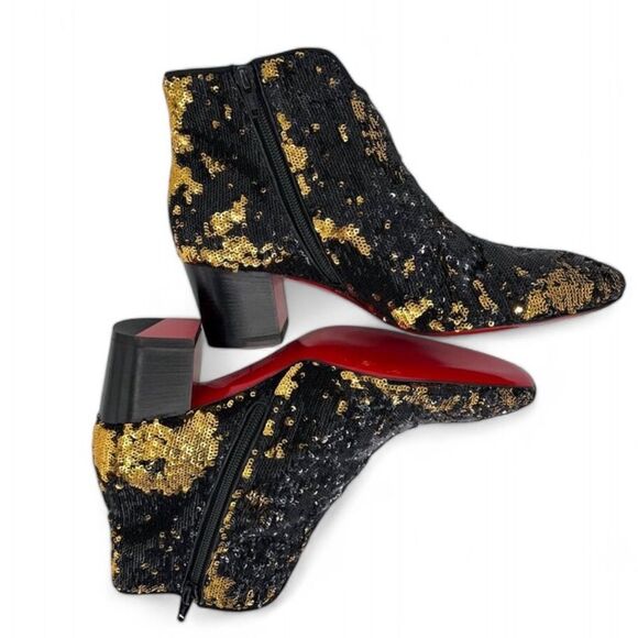 Christian Louboutin Black and Gold Sequin Ankle Boots - Picture 5 of 9
